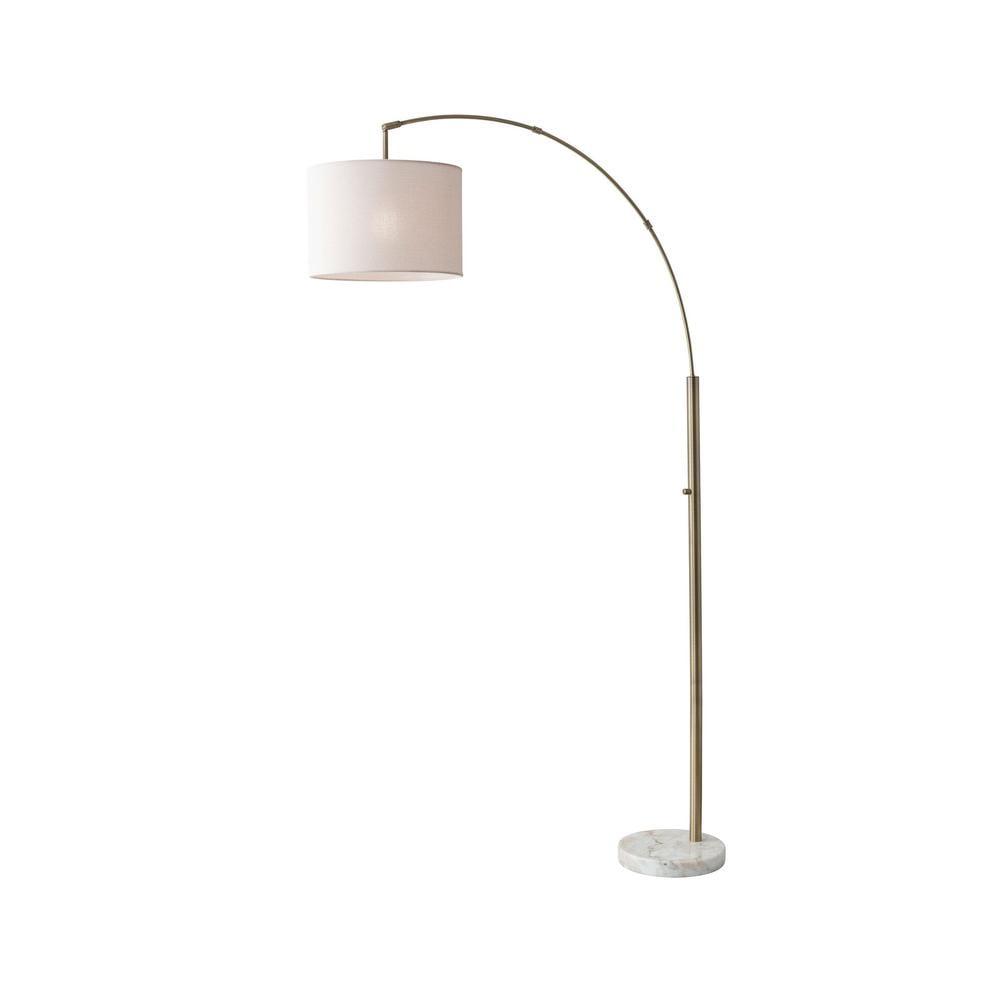 73.5" Bowery Arc Lamp Antique Brass - Adesso: White Marble Base, Off-White Shade, ETL Listed