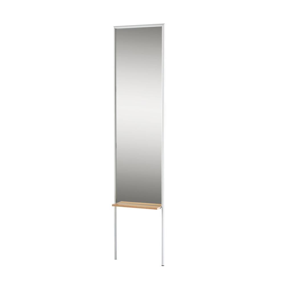 Contemporary Monty 65'' White Rectangular Leaning Mirror with Wood Veneer Shelf