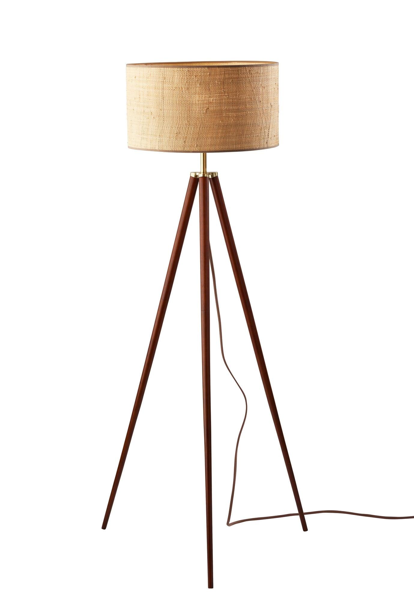 Jackson Floor Lamp Walnut Wood - Adesso: Antique Brass Detail, Rattan Shade, 3-Way Switch