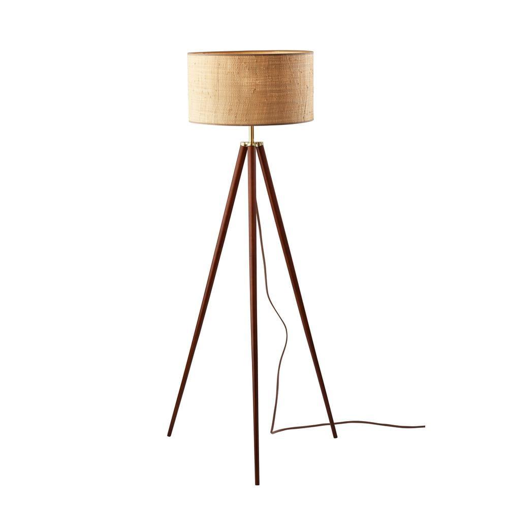 Jackson Floor Lamp Walnut Wood - Adesso: Antique Brass Detail, Rattan Shade, 3-Way Switch