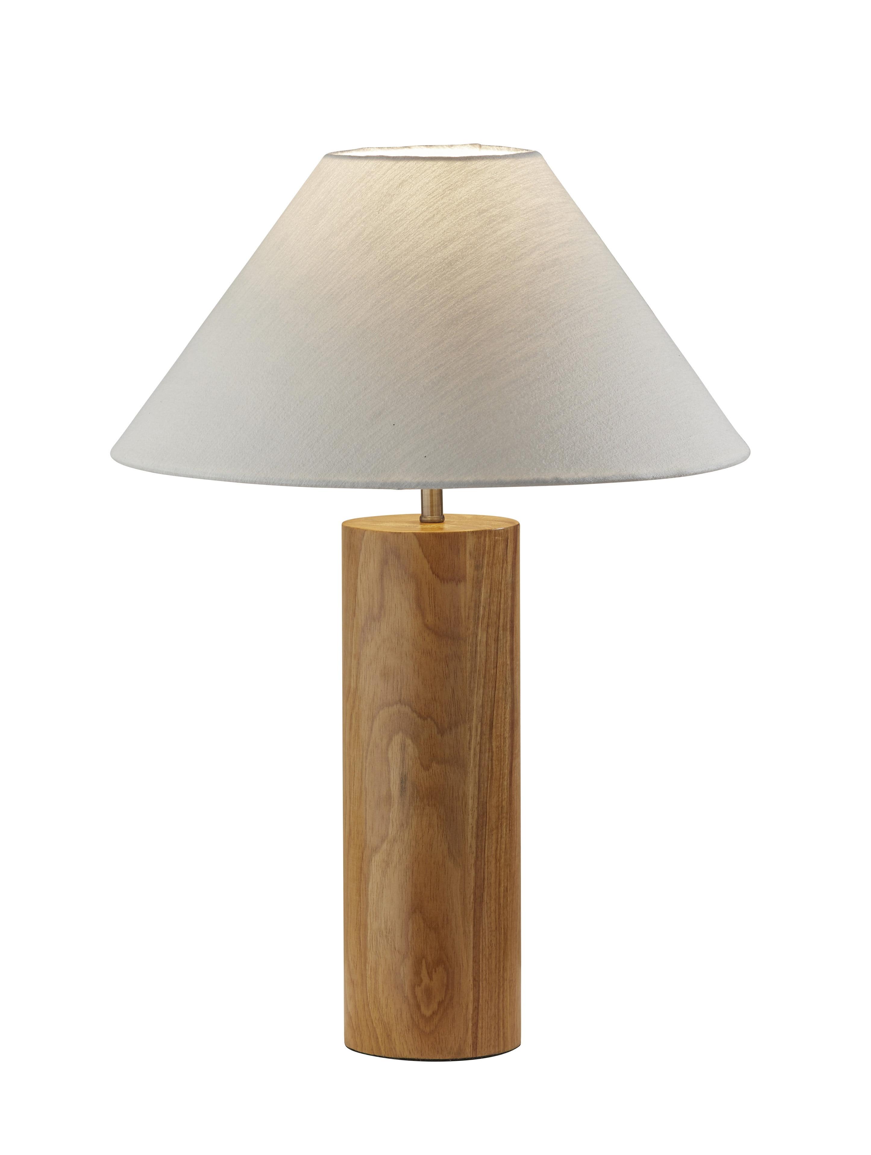 Antique Brass and Natural Oak Modern Table Lamp with White Shade