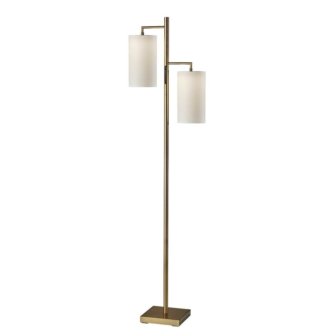 Brass Finish Adjustable Floor Lamp with Dual White Shades