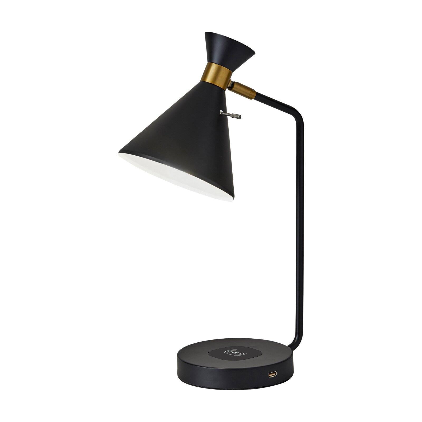 19" Matte Black and Brass Arc Desk Lamp with Wireless Charging