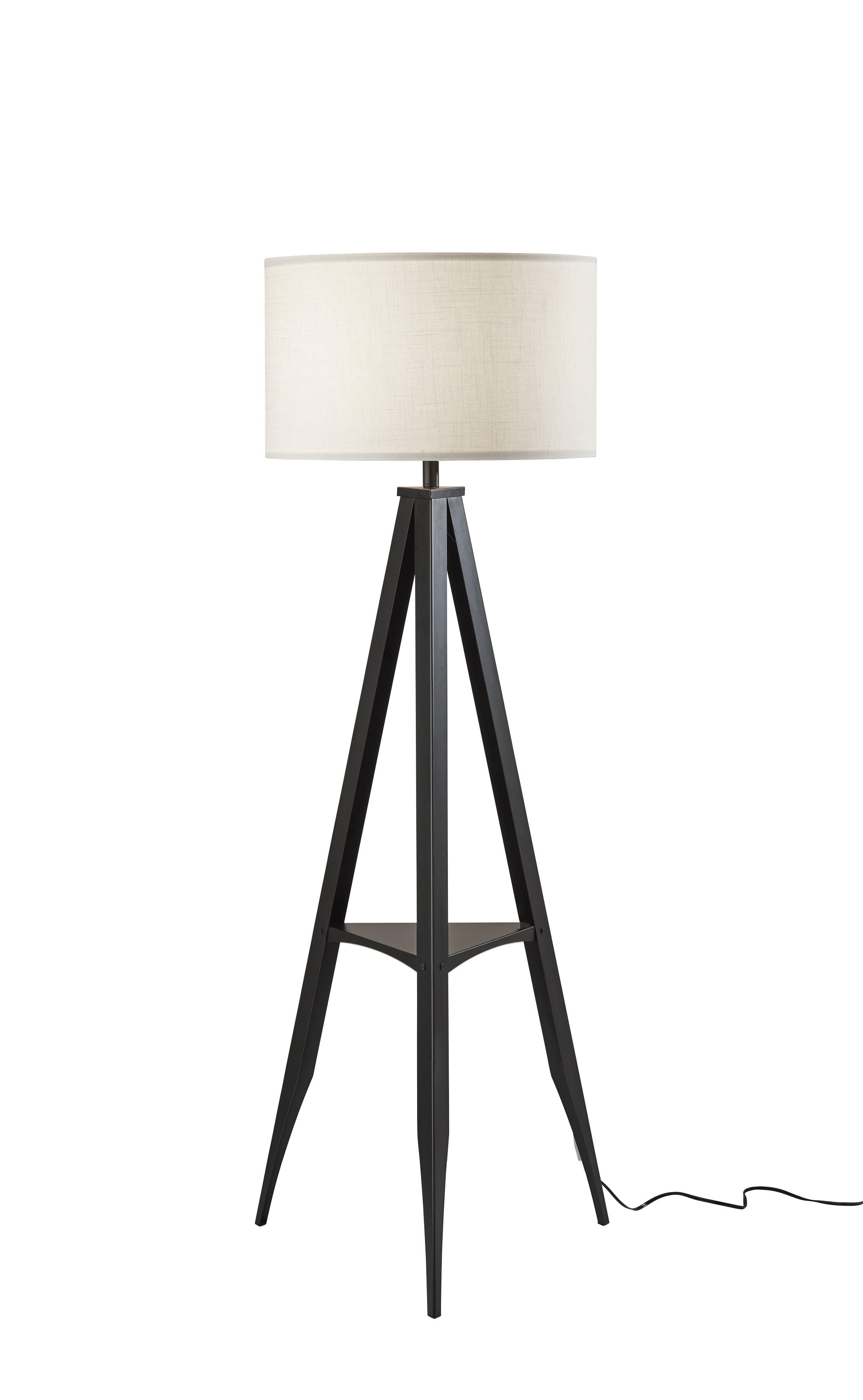 Black Metal Tripod Floor Lamp with Off-White Shade and Shelf