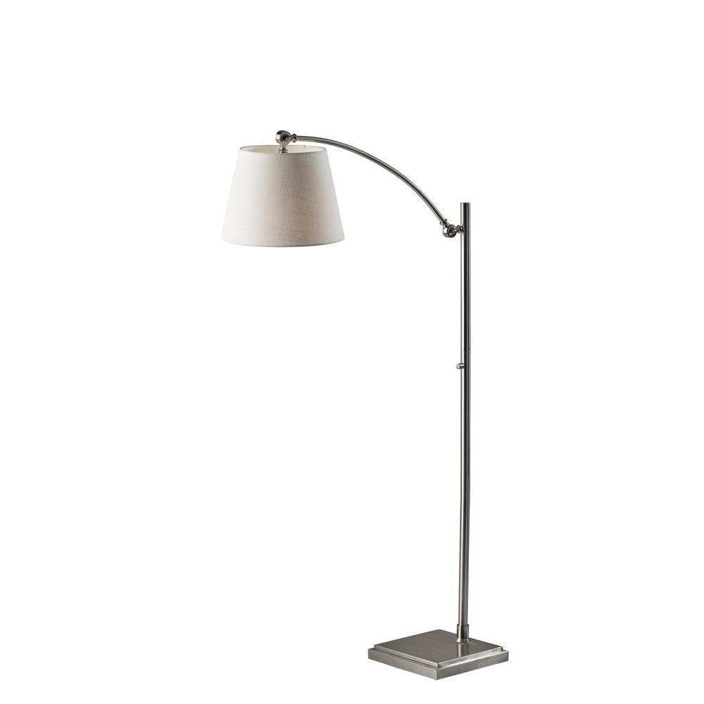 Adjustable Brushed Steel Arc Floor Lamp with Off-White Shade