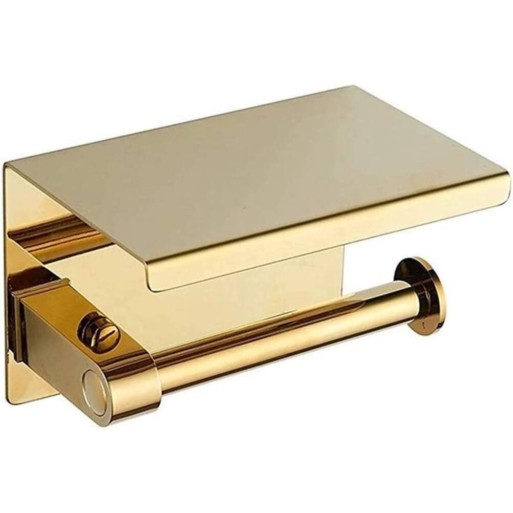 Gold Adhesive Toilet Paper Holder with Phone Shelf