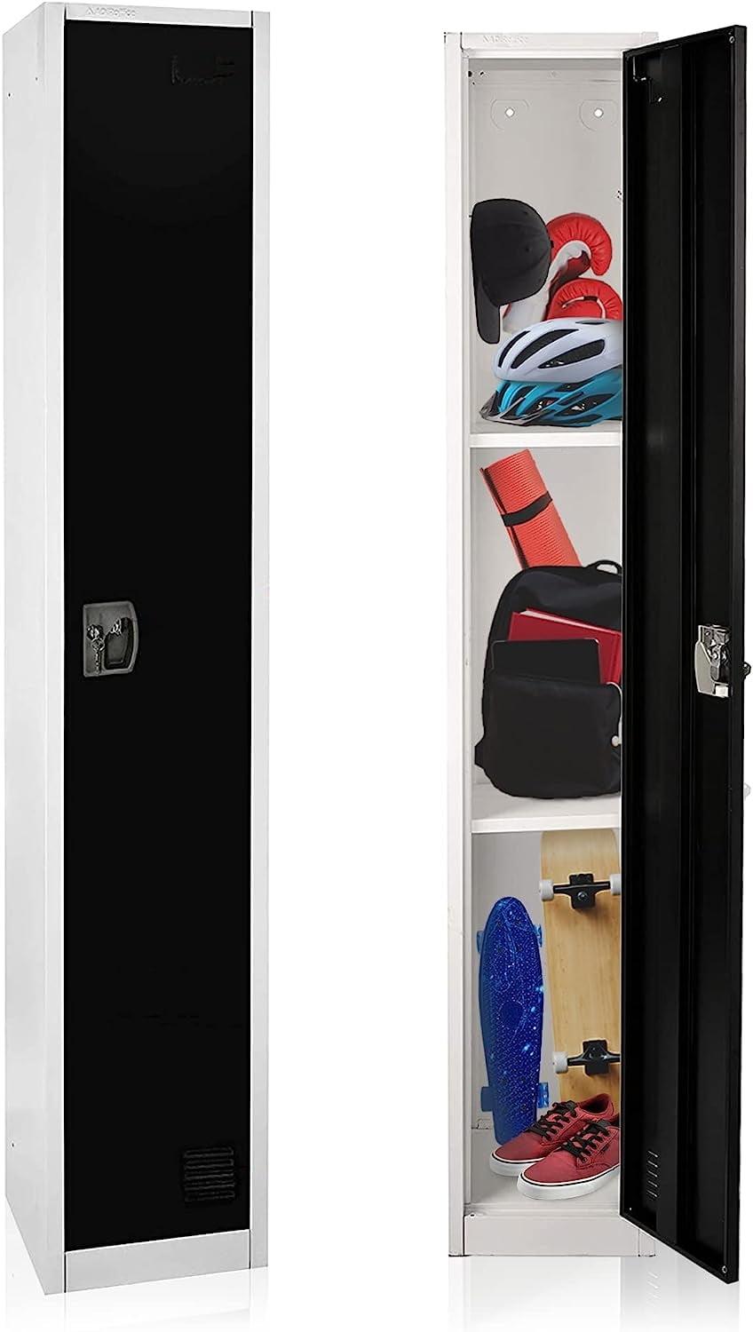 AdirOffice Large Steel Metal Cabinet 1-Tier Storage 1-Door Locker with Key & Hooks, White & Black