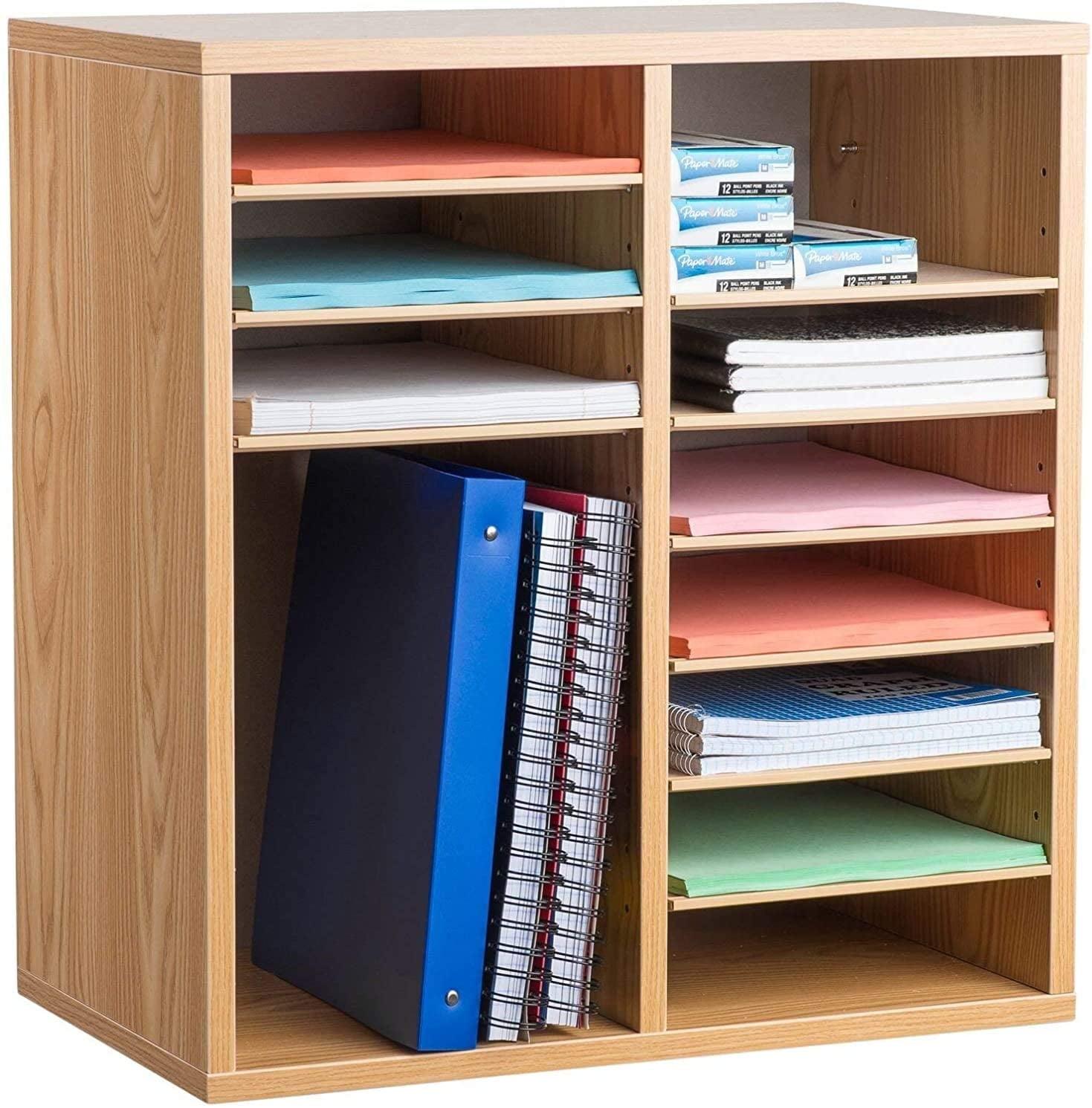 Medium Oak 16-Compartment Adjustable Paper Organizer