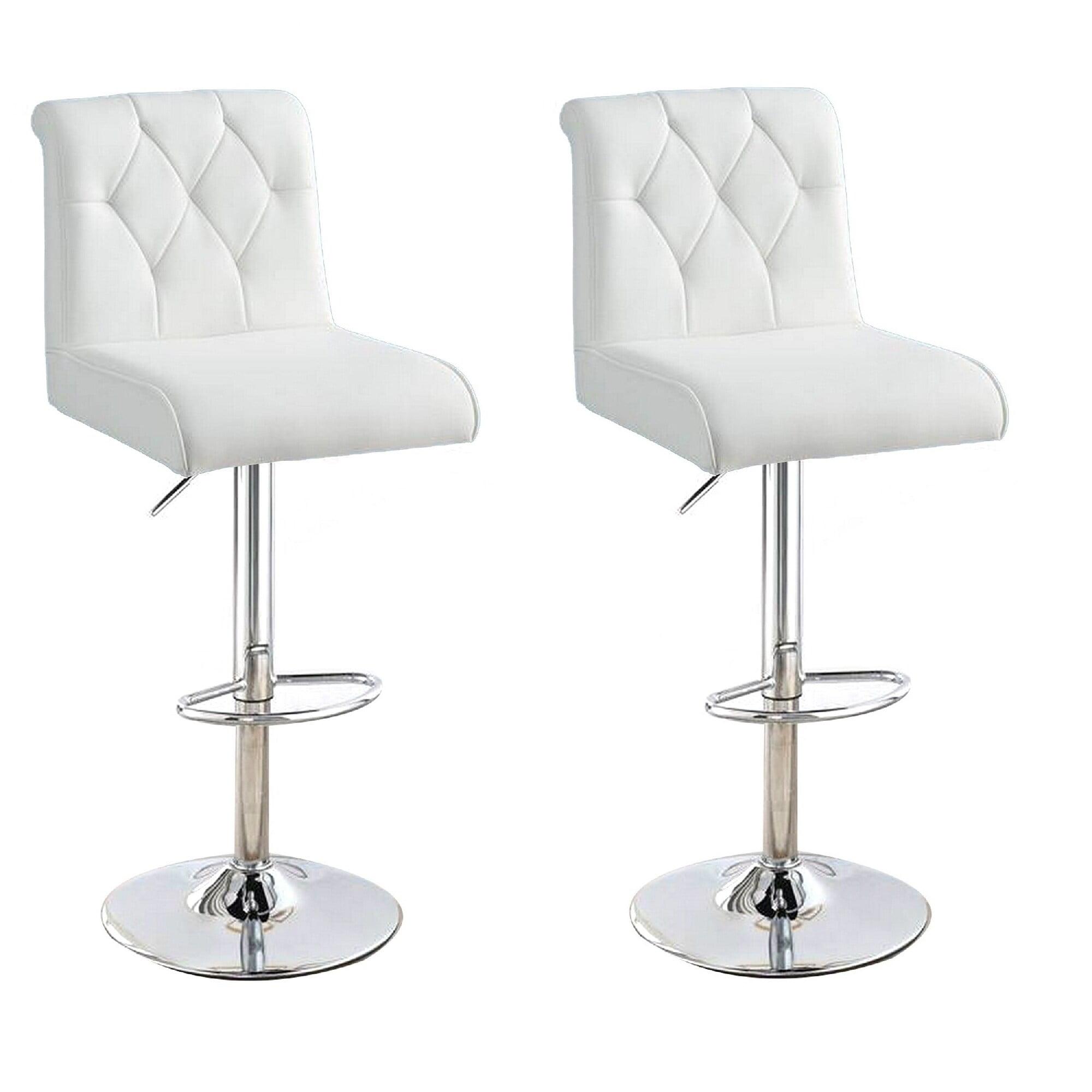 White Adjustable Leather Swivel Barstool with Button Tufted Back