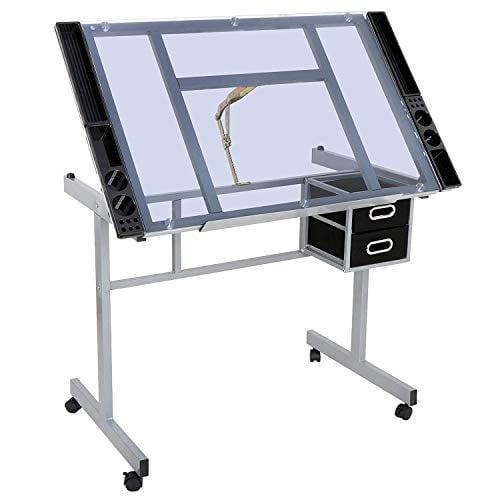 Adjustable Blue Glass Drafting Table with Storage Drawers