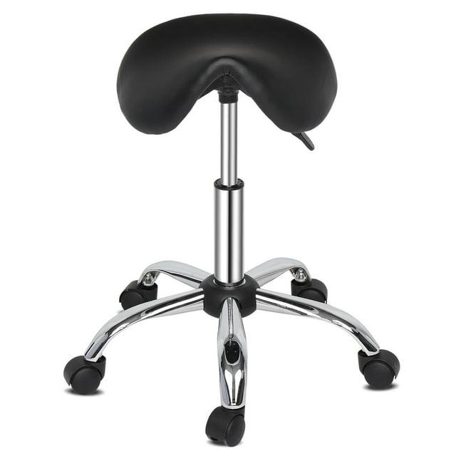 Adjustable Rolling Saddle Stool PU Leather Rolling Stool Salon Chair with Wheels Black