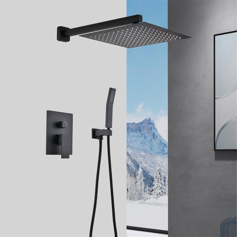 Adjustable Shower System with 12 Inch Rain Shower Head and Handheld Wall Mounted, High Pressure Rainfall Shower Faucet Fixture Combo Set with 2 in 1 Handheld Showerhead for Bathroom, Matte Black