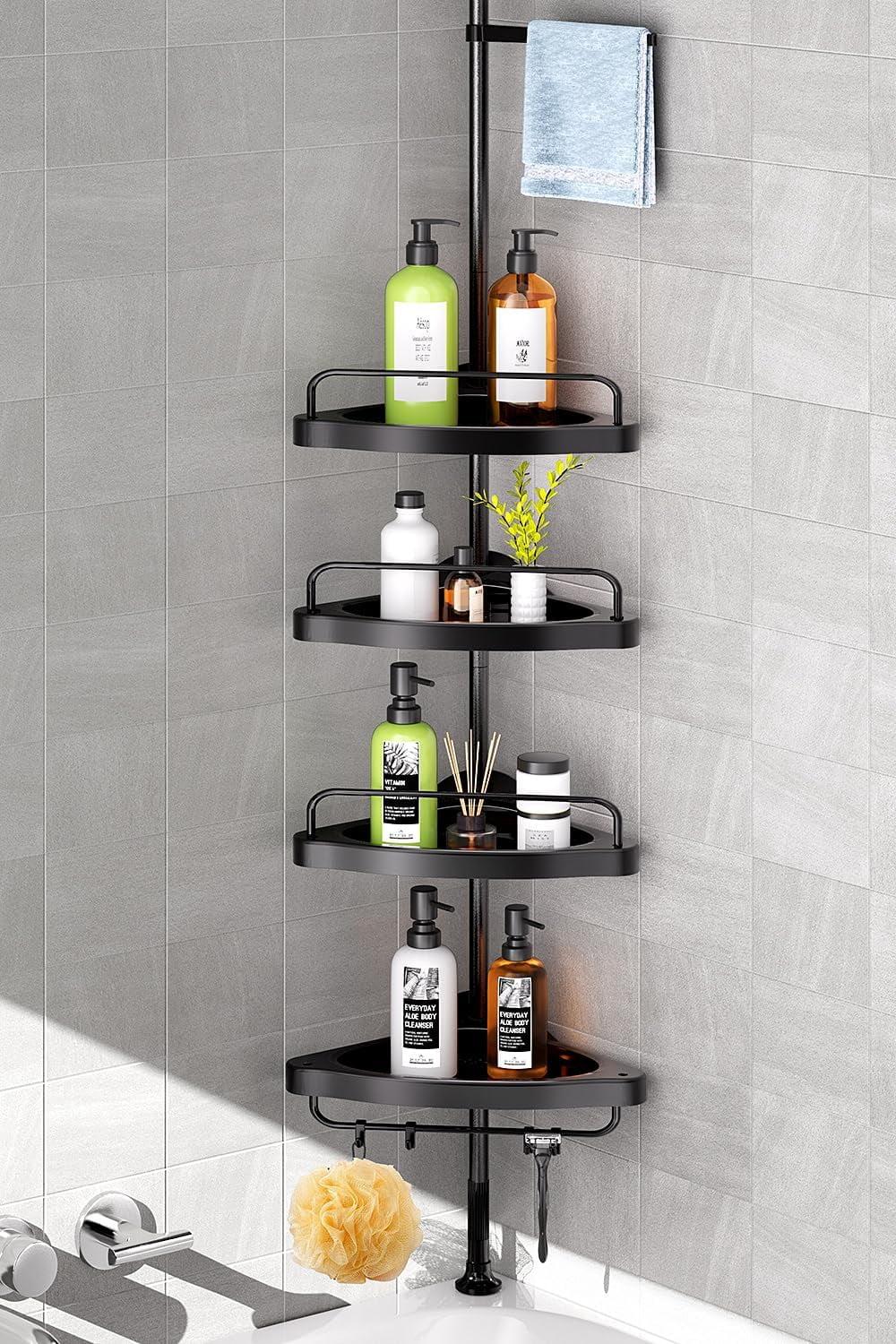 Corner Shower Caddy Tension Pole: Adjustable Stainless Steel Shower Organizer with 4 Tier Shelf for Bathroom Bathtub Tub Shampoo -Floor Standing Rack Bath Storage Holder with Rust Proof Rods - Black