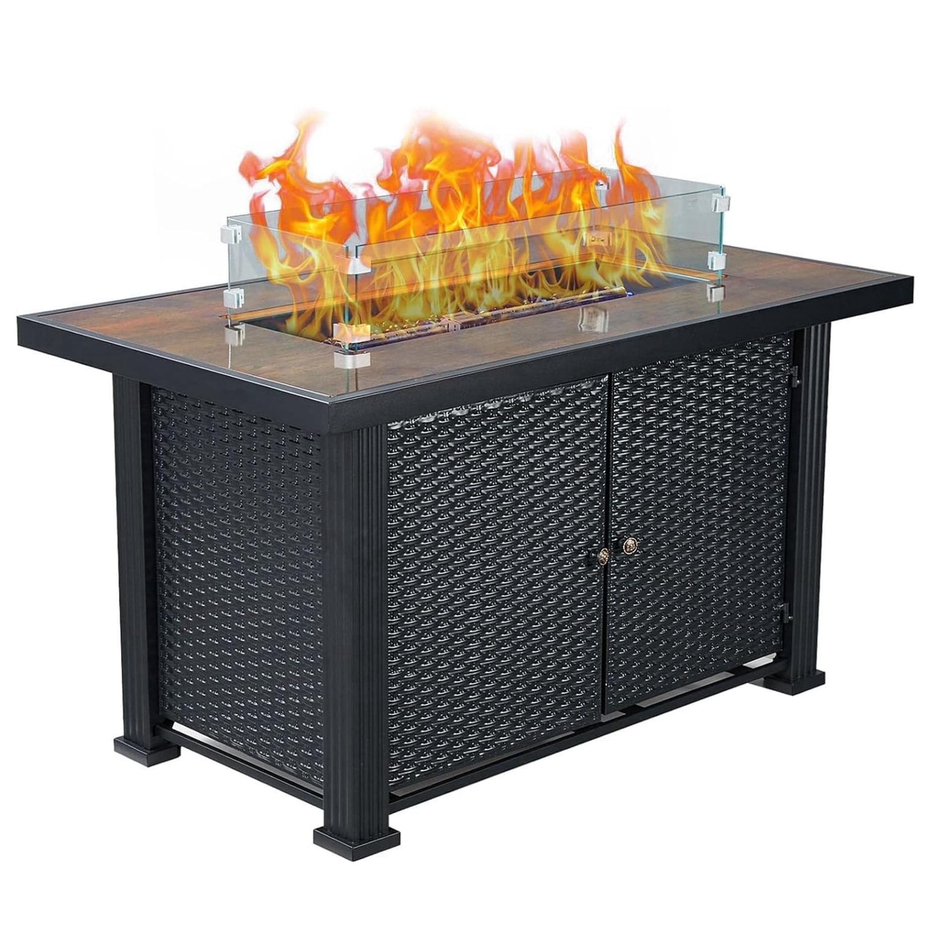 44" Black Steel Gas Fire Pit Table with Glass Wind Guard