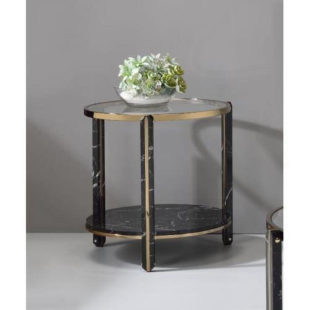 Round Glass and Faux Black Marble End Table with Champagne Trim