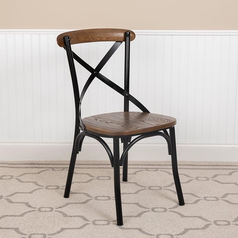 Rustic Black Metal Cross-Back Side Chair with Fruitwood Accents