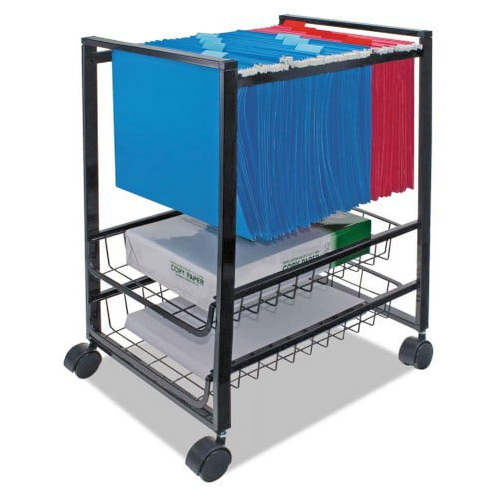 Compact Black Steel Mobile File Cart with Dual-Wheel Casters