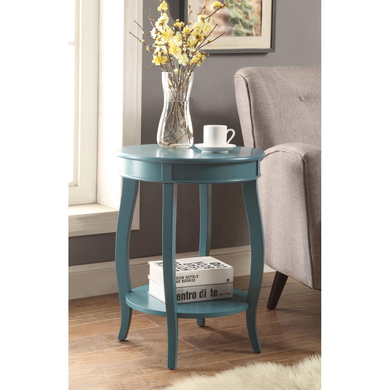 Teal Round Wooden Aberta Side Table with Stylized Legs and Shelf