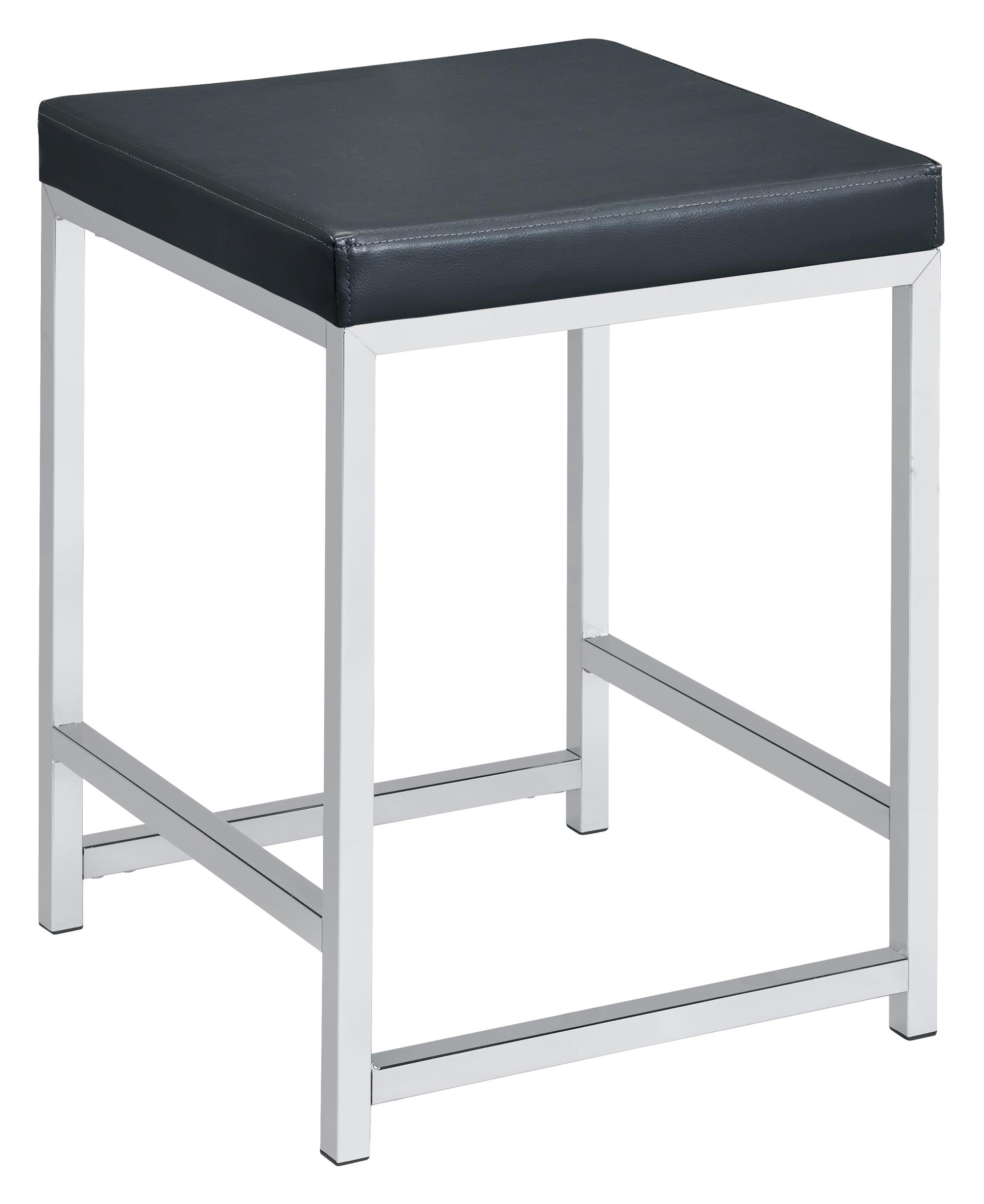 Black Faux Leather Square Vanity Stool with Chrome Frame