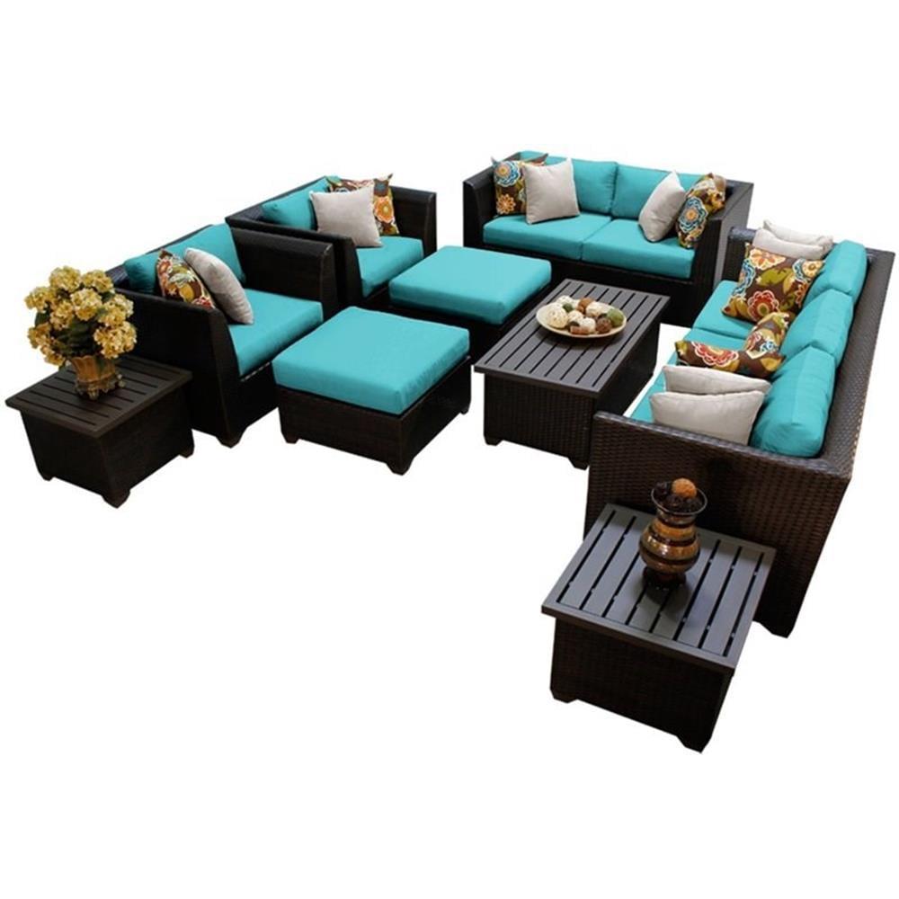 Afuera 12 Piece Brown Wicker Outdoor Sectional Set with Blue Cushions