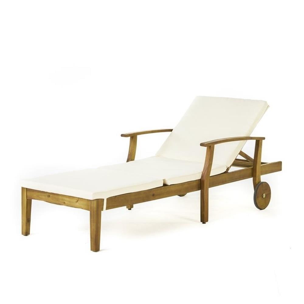 Teak Finish Outdoor Chaise Lounge with Cream Cushions