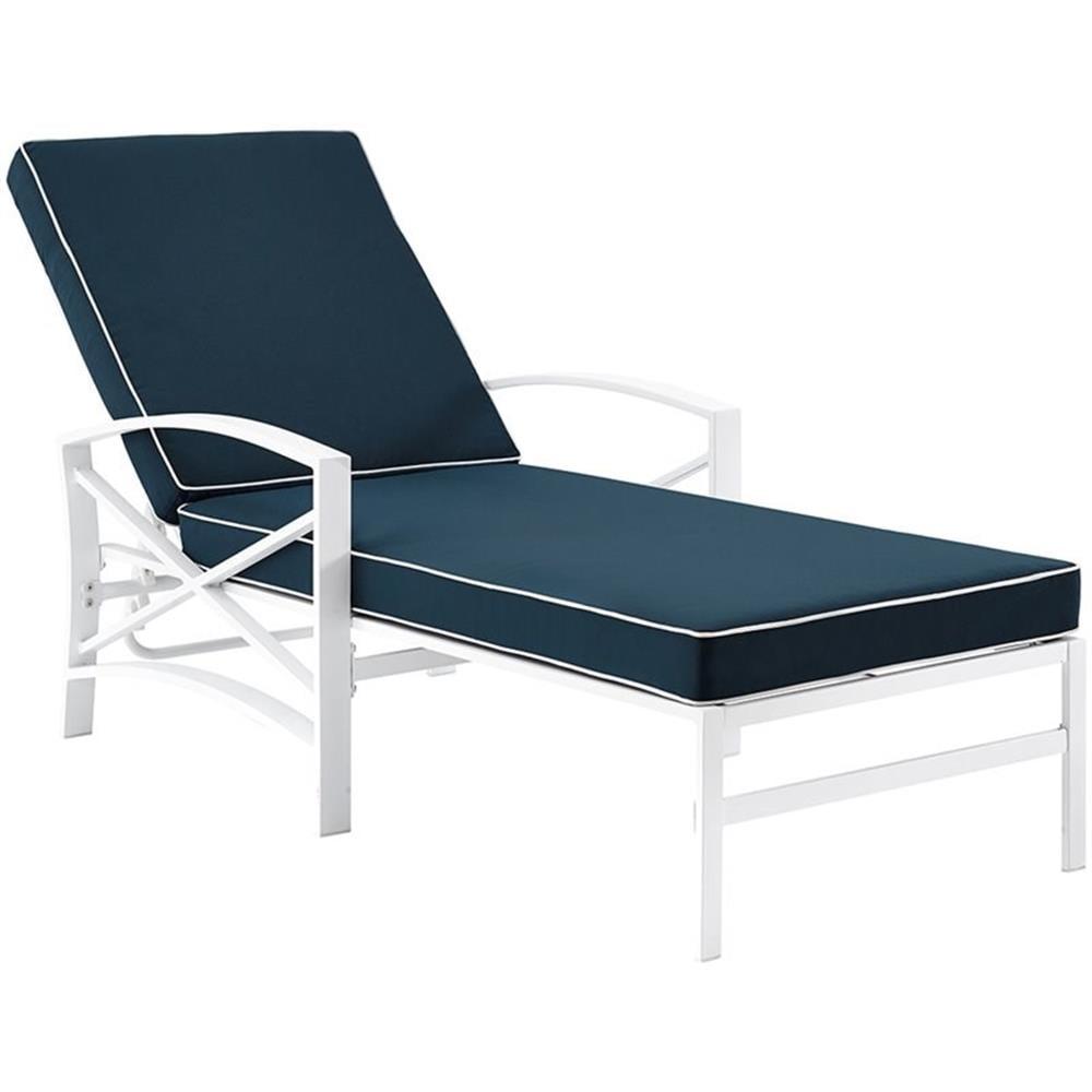 Kaplan White Metal Chaise Lounge with Navy Cushions