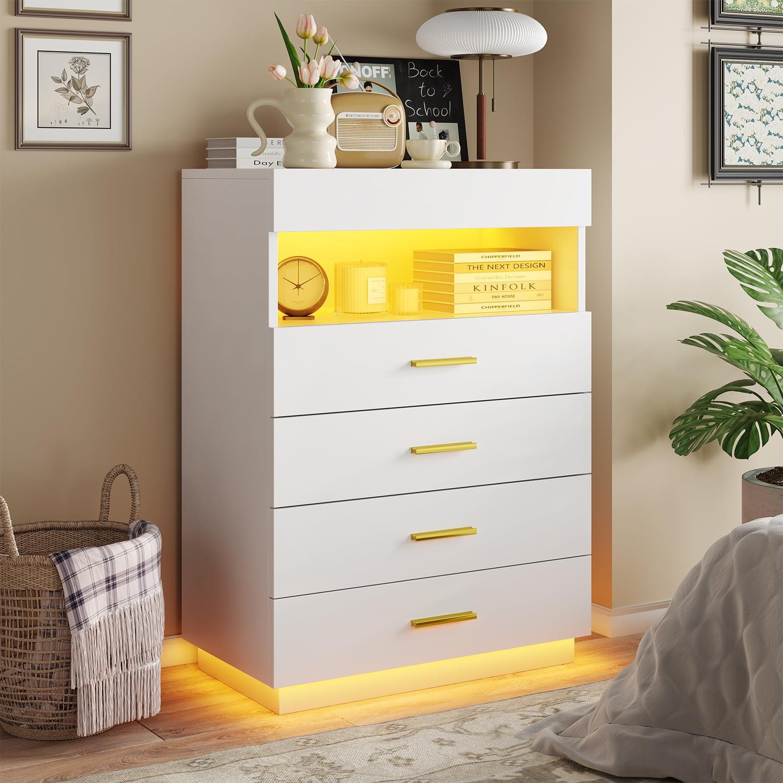 4 Drawer Dresser with LED Lights&Pull Out Tray, Tall Floating Chest of Drawers with Open Storage for Bedroom Living Room, White