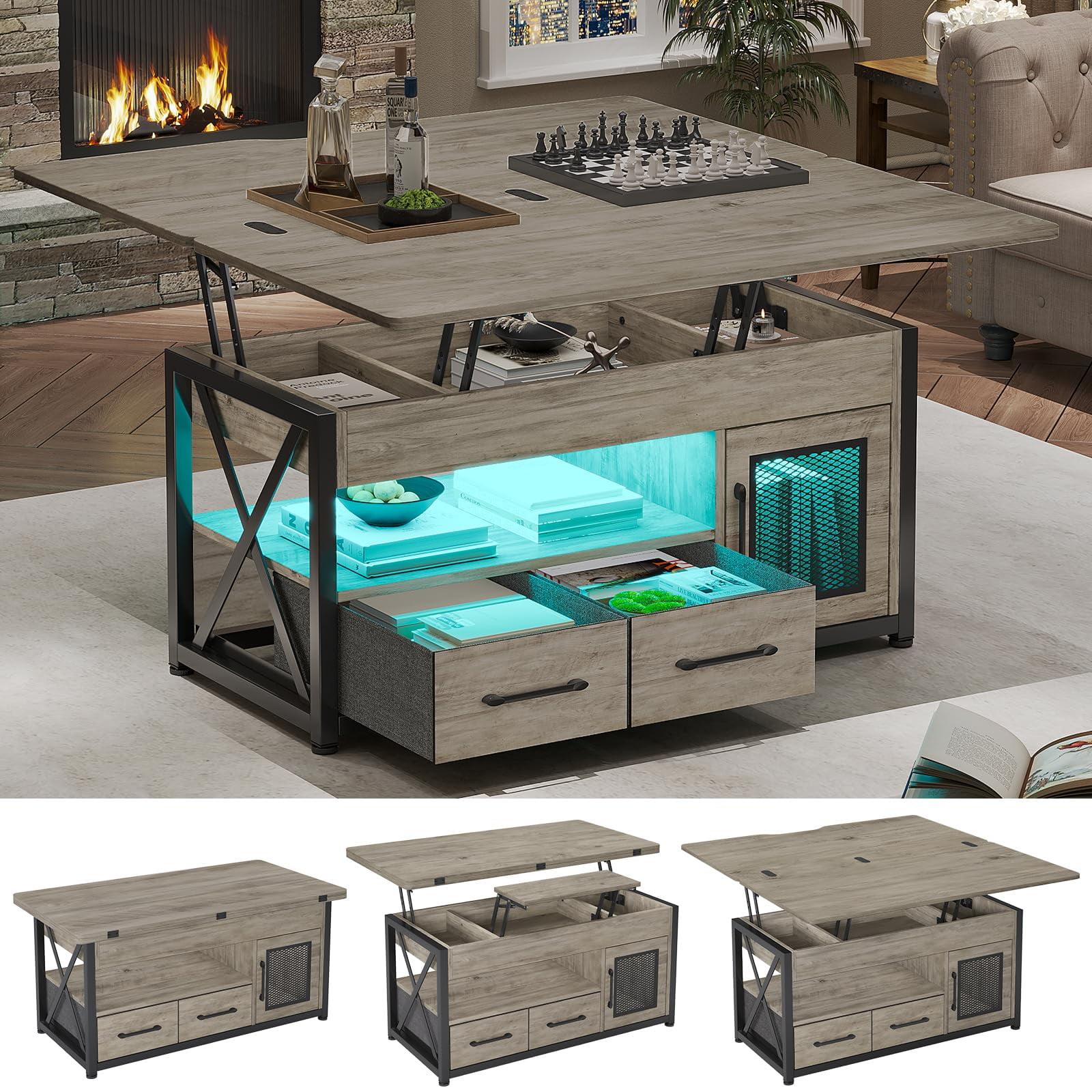 4 in 1 Lift Top Coffee Table with LED Light and 2 Fabric Drawers, 40" Farmhouse Coffee Table, Grey