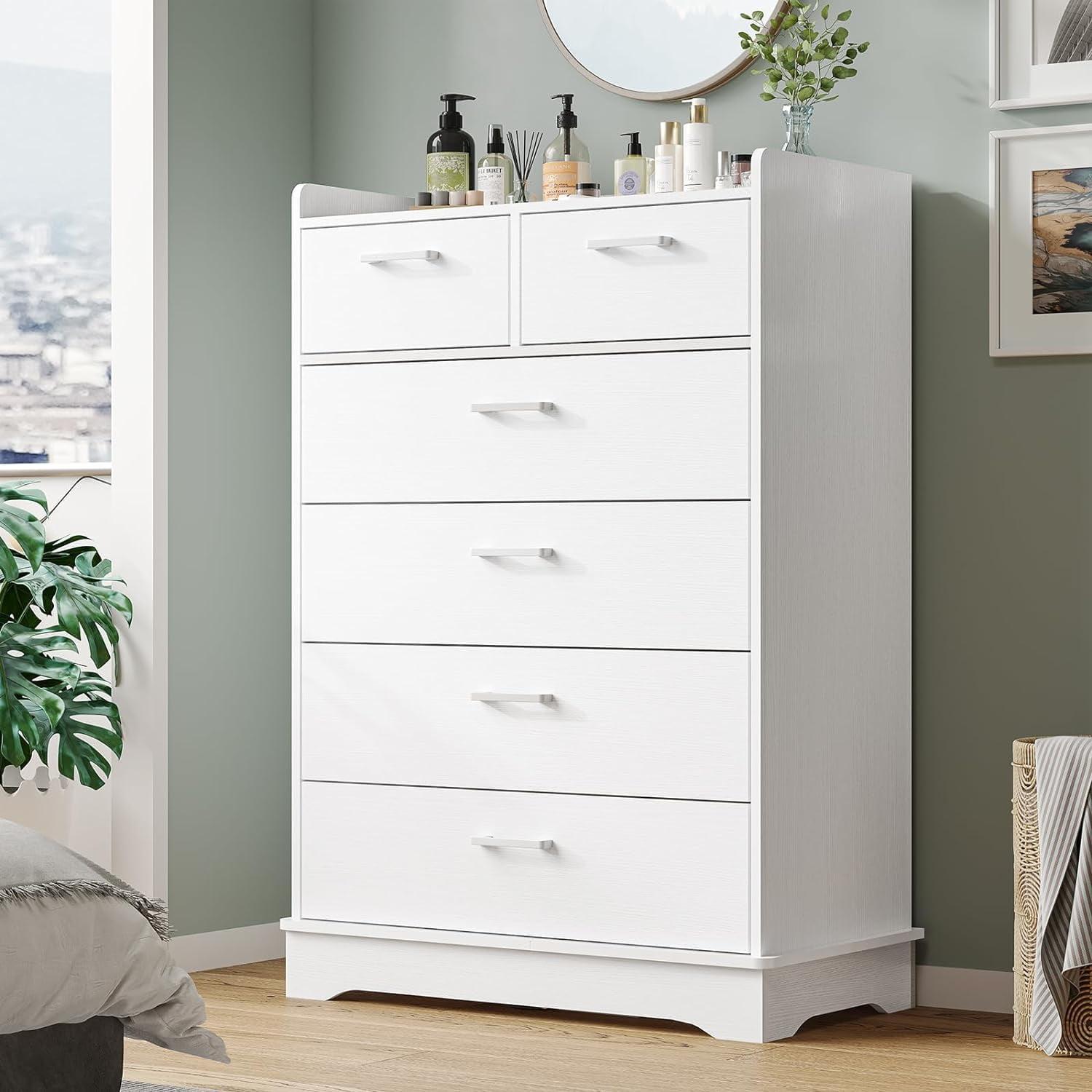 Homfa White Dresser with 6 Drawers, Vertical Chest of Drawers Wood Storage Cabinet for Bedroom Living Room