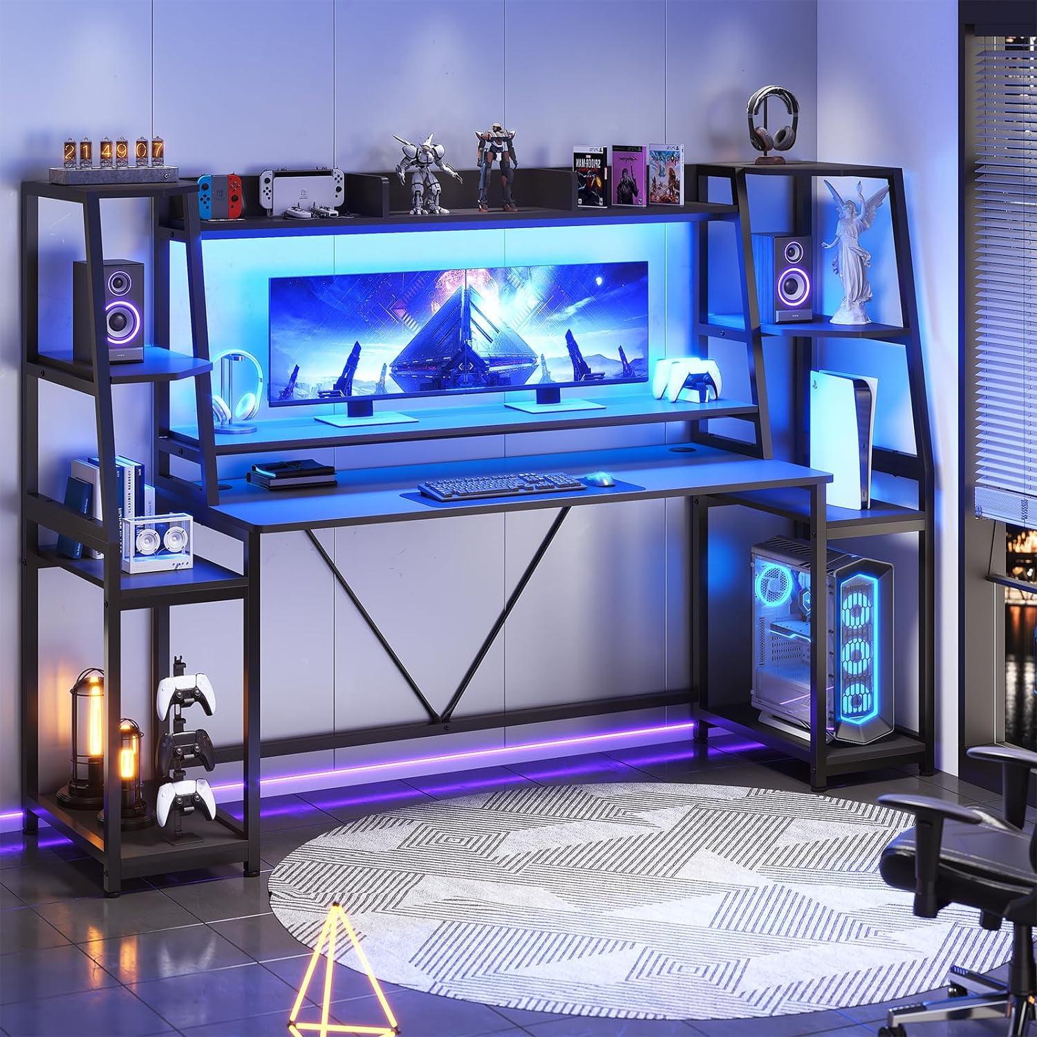 Black 78.8'' Gaming Desk with LED Lights and Storage Shelves