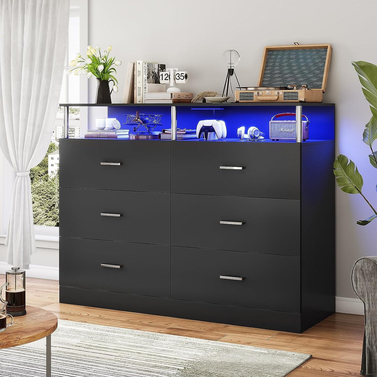 6 Drawer Dresser with Charging Station, Modern Bedroom LED Long Dresser for Bedroom, Column Design, Black