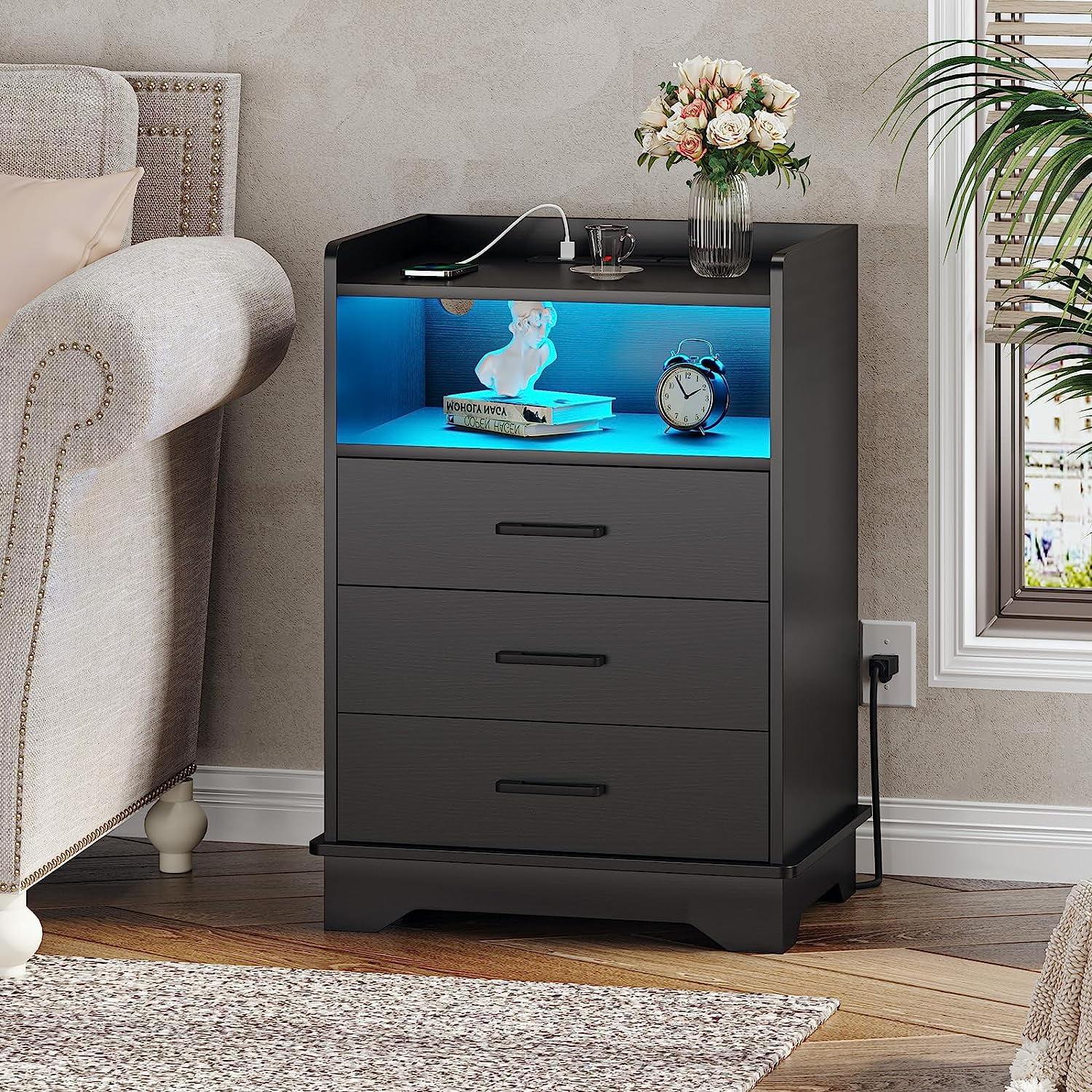 Afuhokles Black LED Nightstand with Charging Station, Night Stand 3 Drawers with Open Storage, Side Table with USB Ports and Outlets
