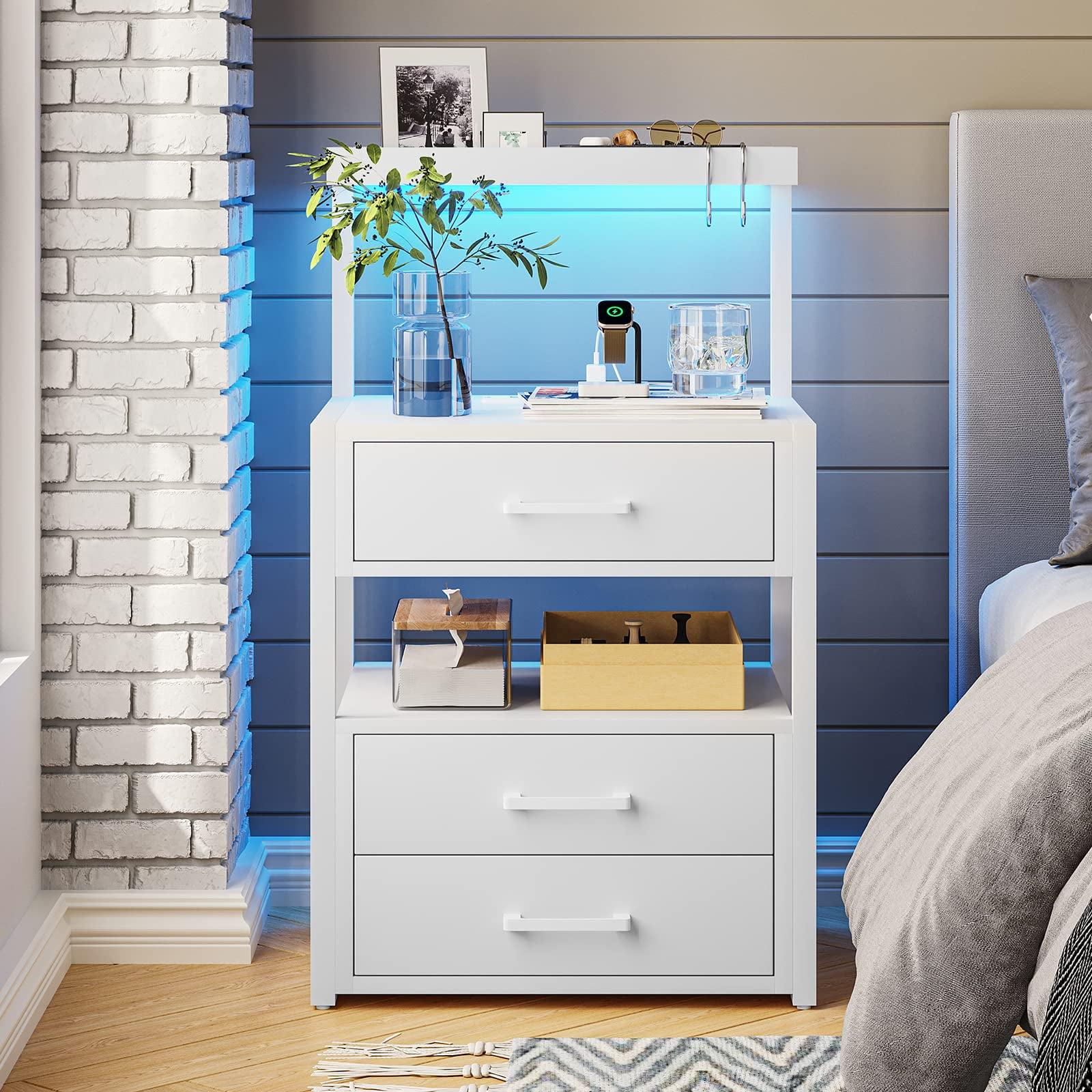 White Modern 3-Drawer Nightstand with LED Lights and Charging Station