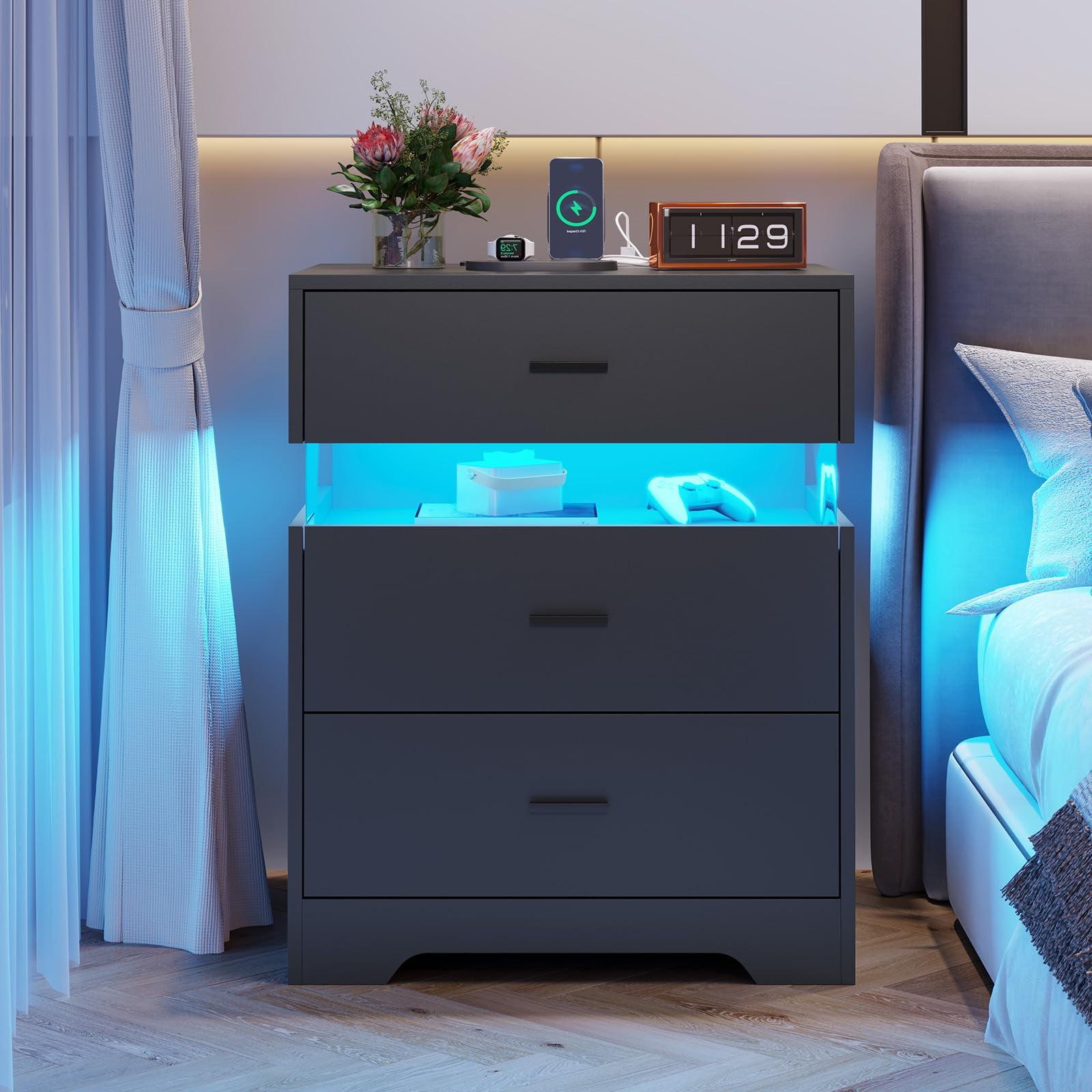 Black MDF Nightstand with LED Lights and Charging Station