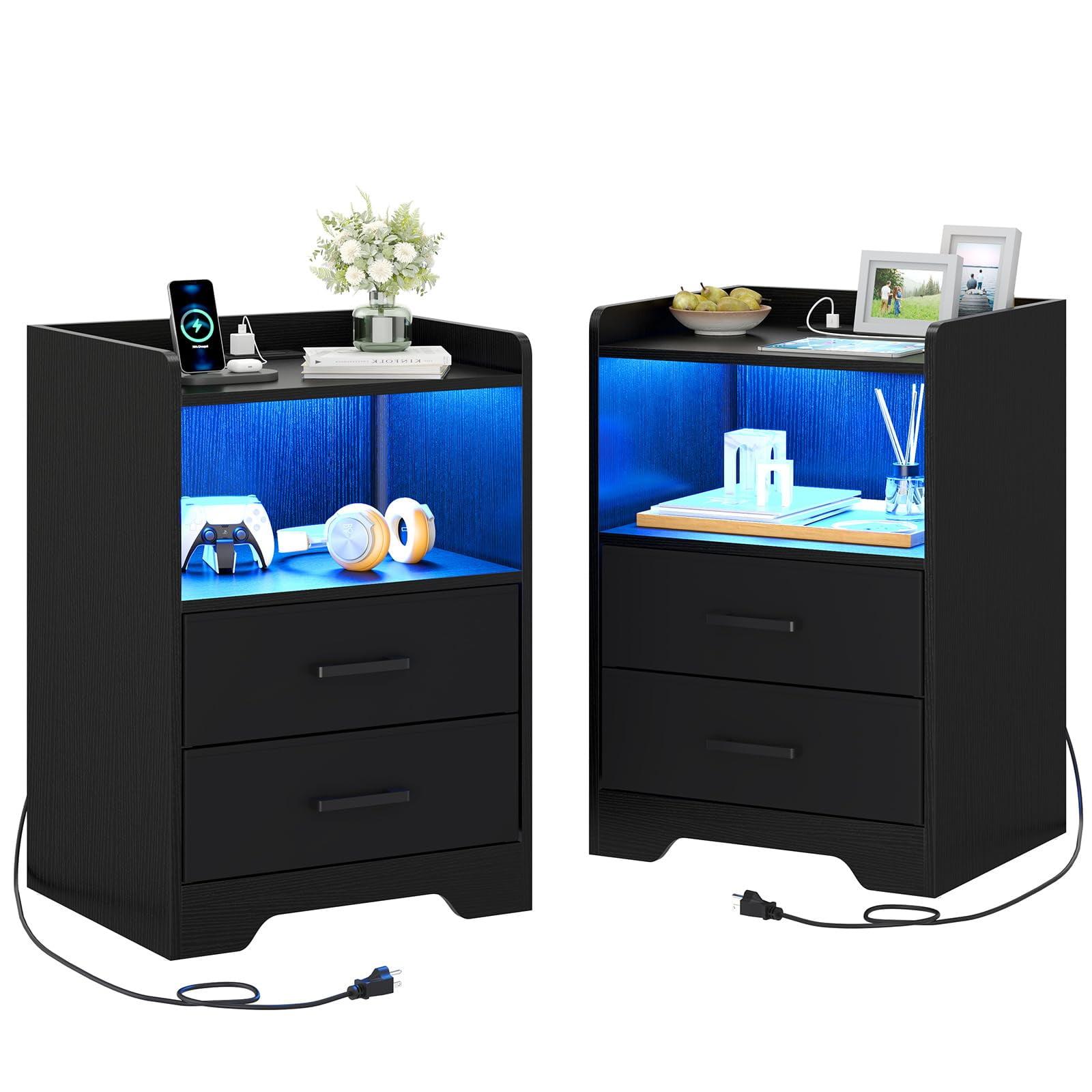 Black Nightstand Set of 2 with Outlets&USB Ports&LED Lights Modern Bedside Table Storage Cabinet with 2 Fabric Drawers for Bedroom