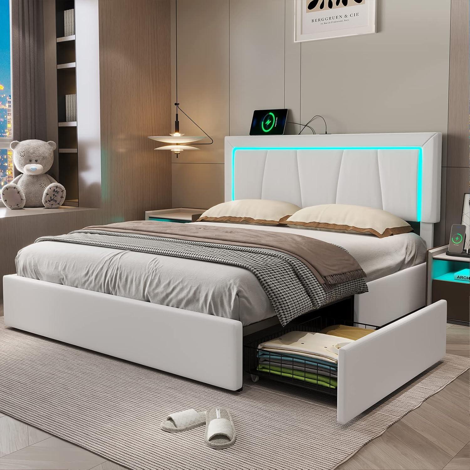 Queen LED Bed Frame with 4 Storage Drawers and USB Ports and LED Headboard, Faux Leather Upholstered Platform Bed Frame with 3 Side Light Strip,White