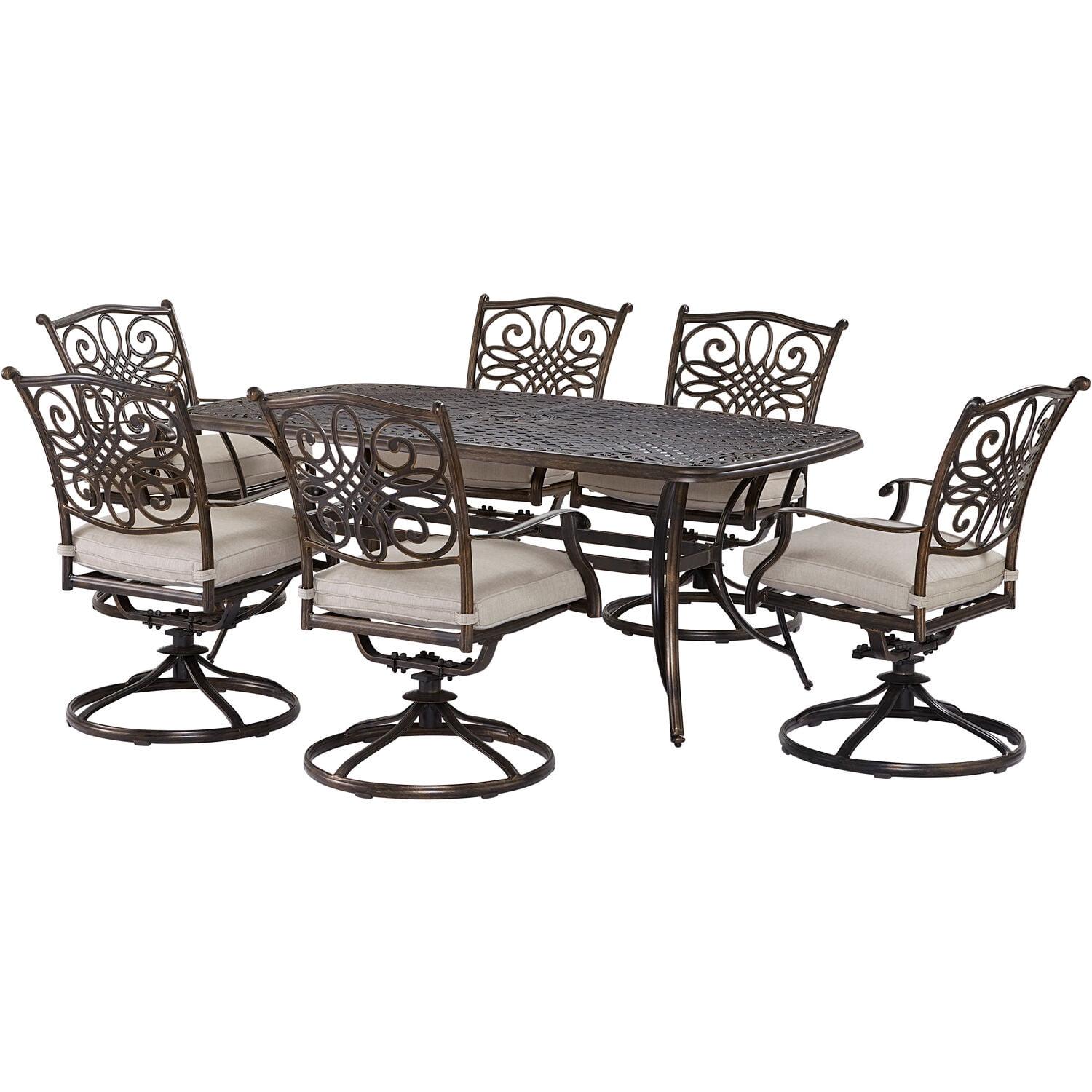 Bronze 7-Piece Outdoor Dining Set with Swivel Rockers and Cast-Top Table