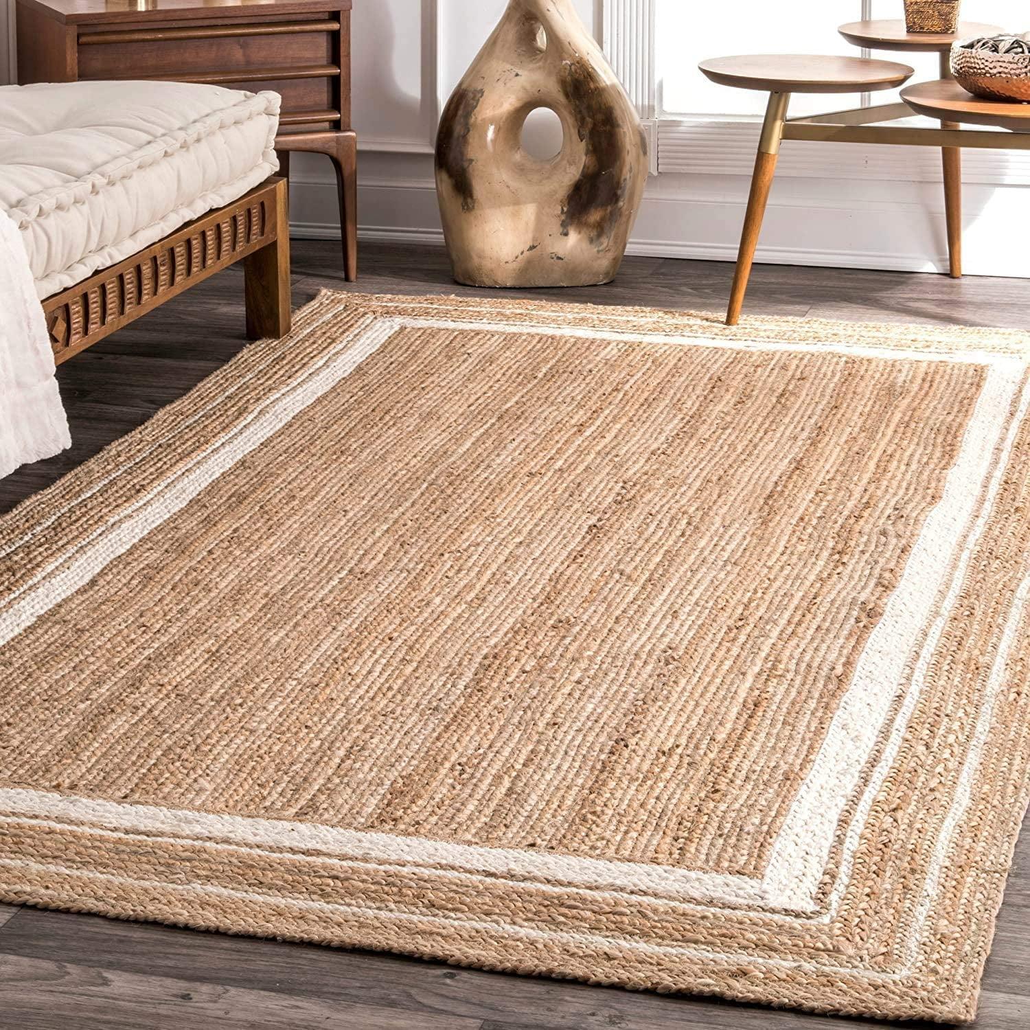 Nuloom Rikki Bordered 6x9 Jute Indoor Area Rug for Dining Room Rug Neutral Rug Living Room Rug Kitchen, Off White/Natural