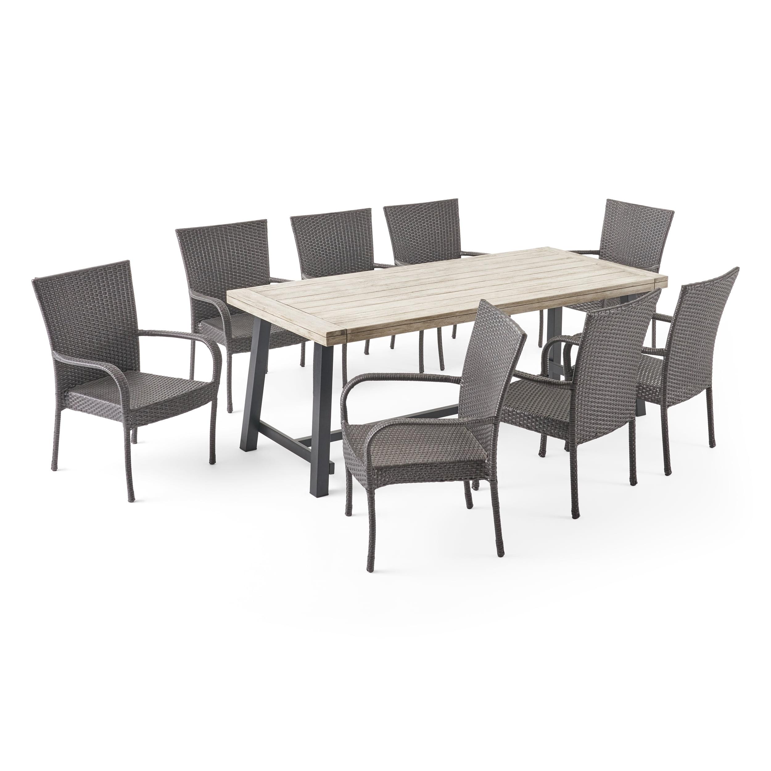 Farmhouse Light Grey 9-Piece Acacia Wood & Iron Dining Set with Cushions