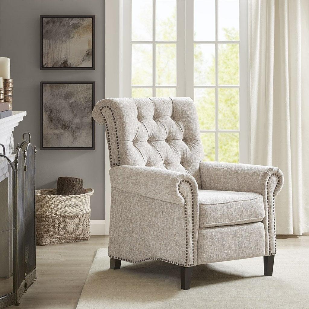 Elegant Cream Transitional Push Back Recliner with Tufted Back