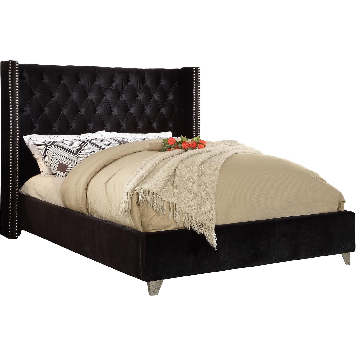 Isabel Black Velvet Queen Bed with Chrome Nailhead Trim