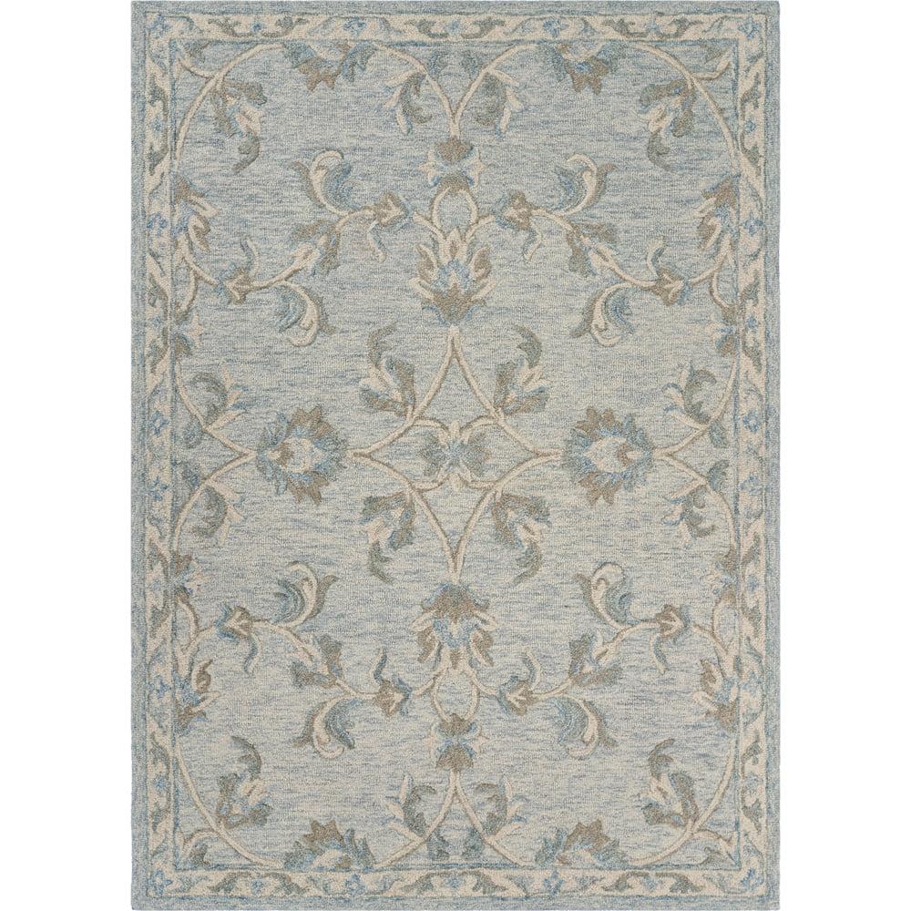 Handmade Blue Floral Wool and Viscose 8' x 10' Area Rug