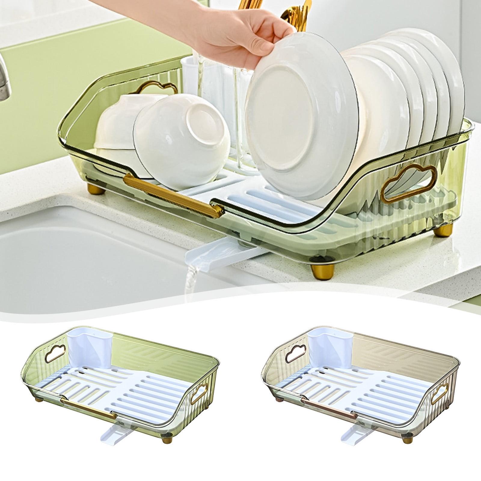 Green Plastic Dish Drying Rack with Utensil Holder and Drainboard