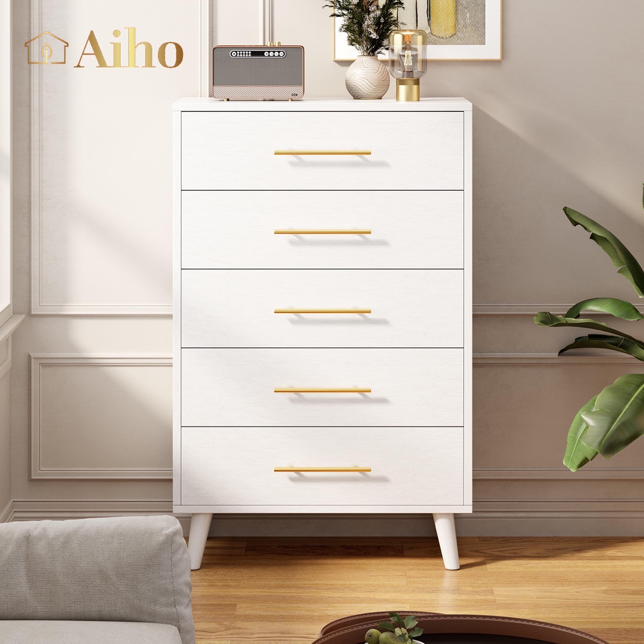 Aiho 5 Drawer Wood Dressers, Wide Chest of Drawers with Gold Handles for Living Room , White