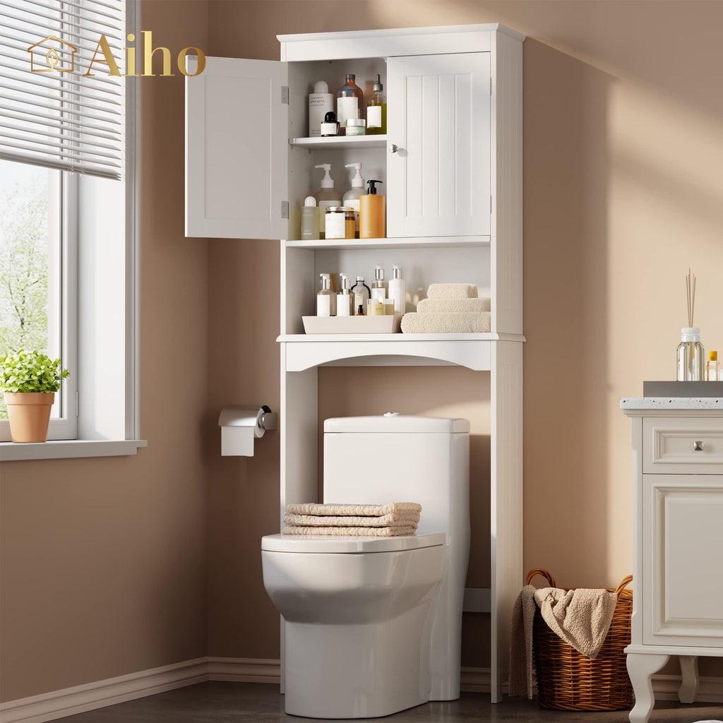 White Wooden Over-the-Toilet Storage Cabinet with Adjustable Shelf