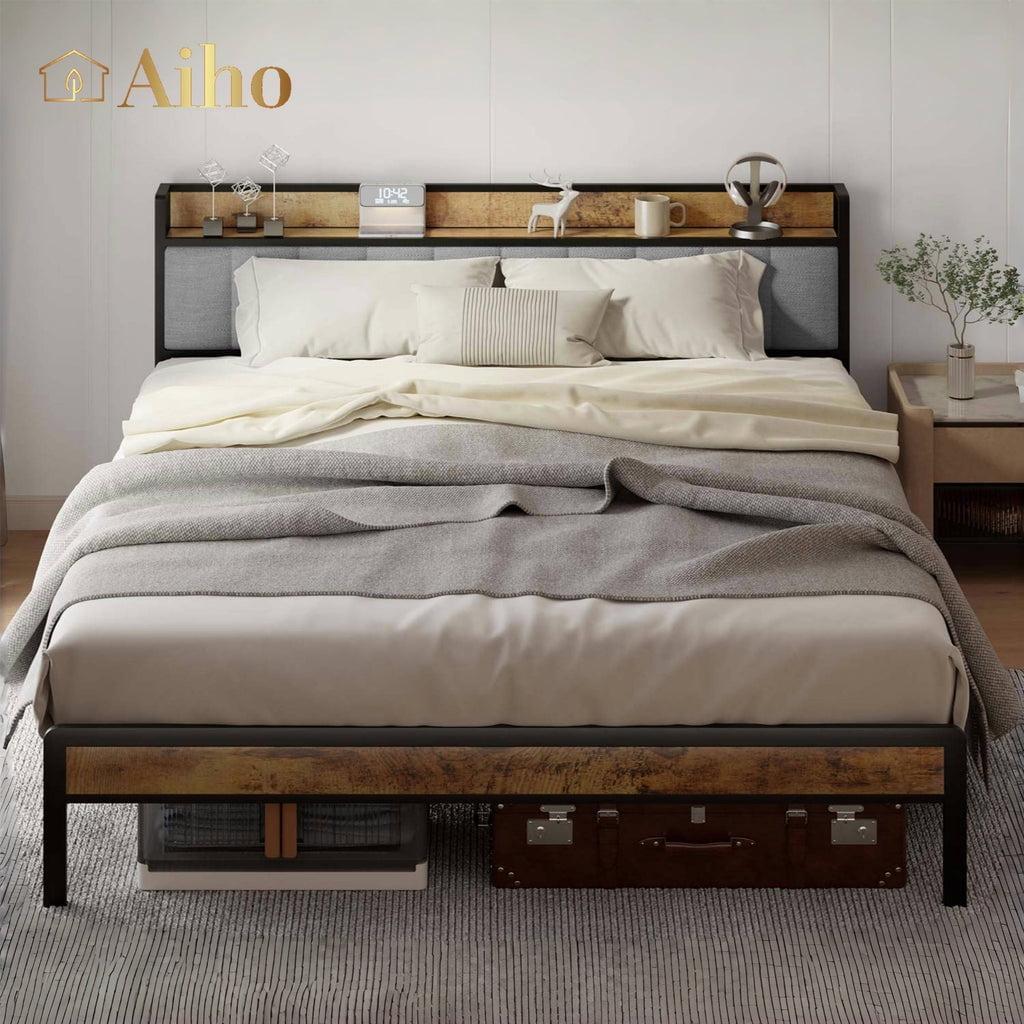 17 Stories Kewarra Platform, Metal Bed Frame with Storage Headboard, Sturdy and Stable