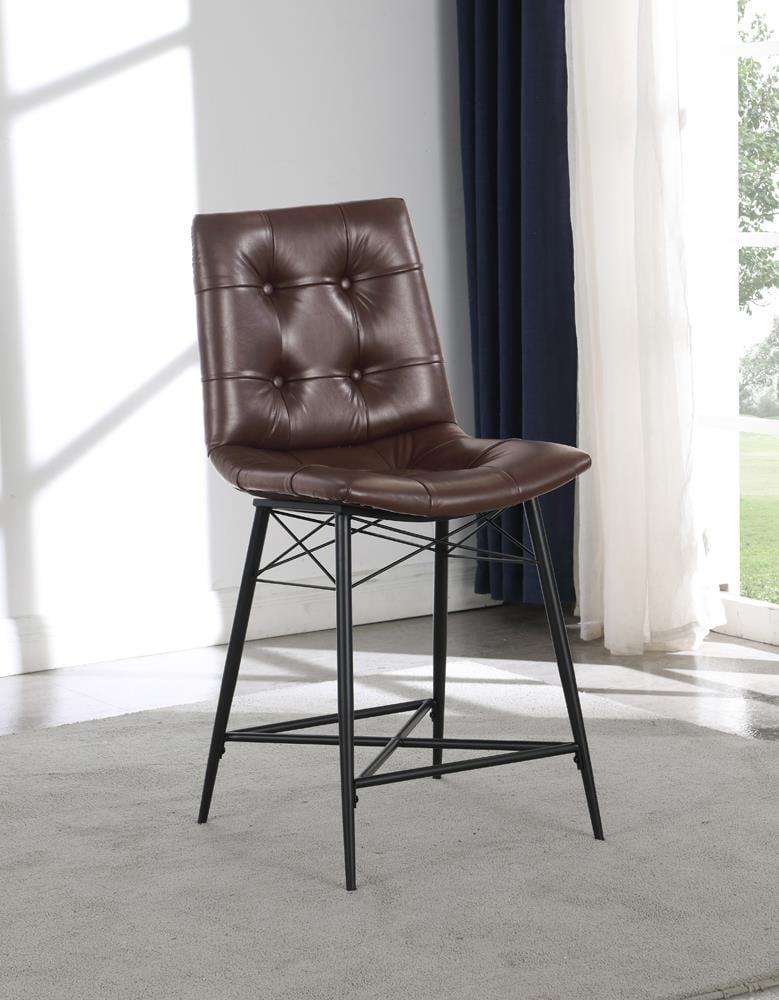 Modern Saddle-Style 23" Brown Leather Counter Stool with Metal Base