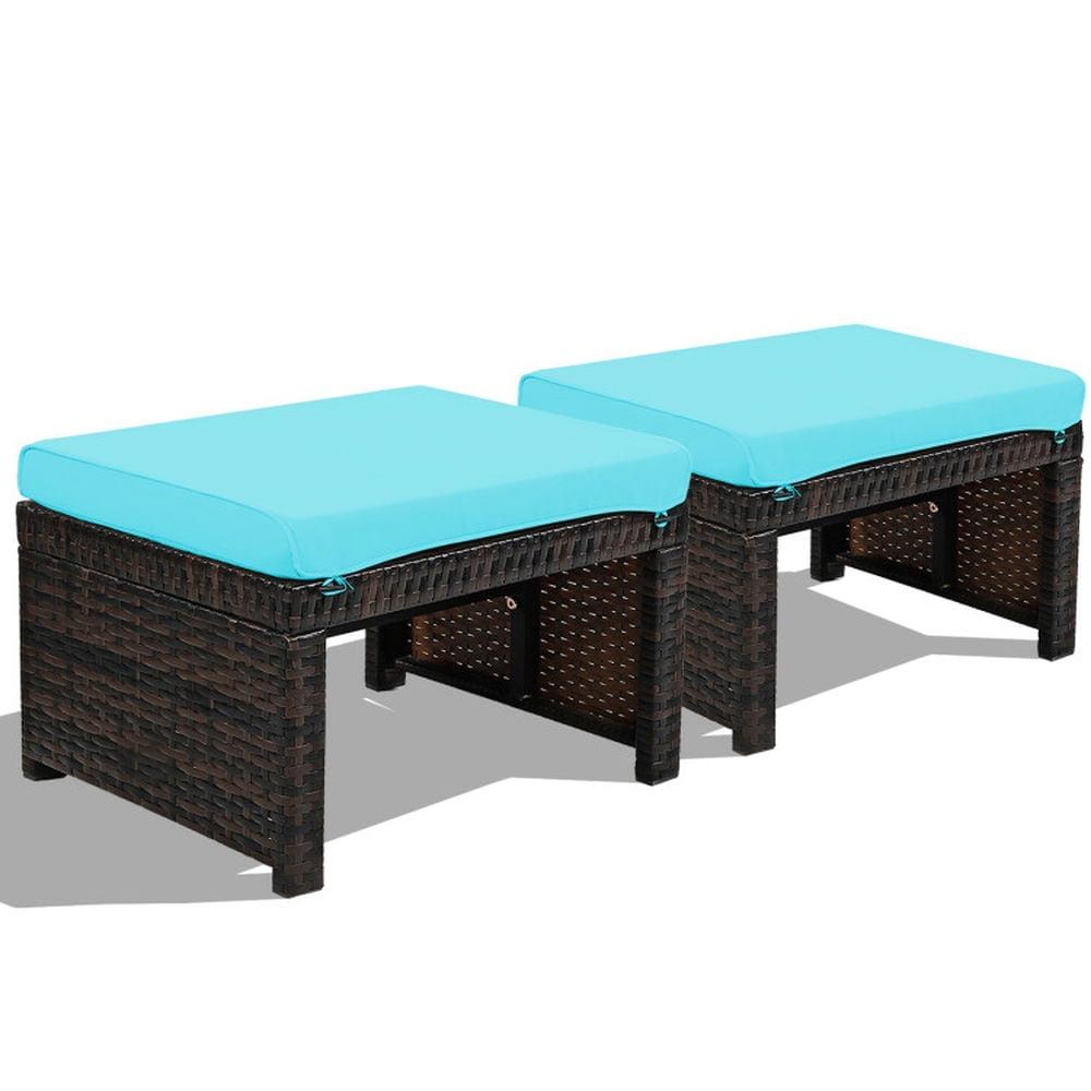 Tangkula 2 PCS Outdoor Wicker Ottoman Patio Rattan Furniture Metal Footrest Seat Square Footstool with Cushion Turquoise