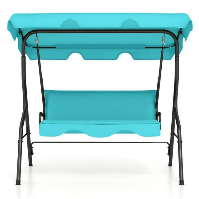 Tangkula 3-Seats Outdoor Glider Hammock with Adjustable Waterproof Canopy Aluminum Frame Patio Swing Chair Blue