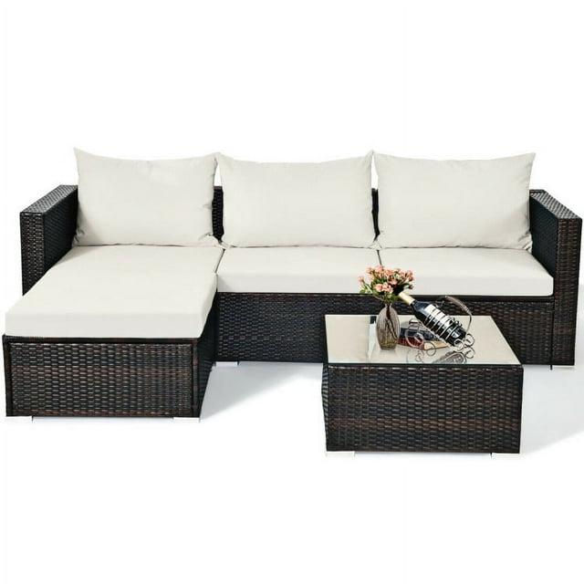 Topcobe 5 Pieces Patio Rattan Sectional Furniture Set with Cushions and Coffee Table, Outdoor Furniture, Off White